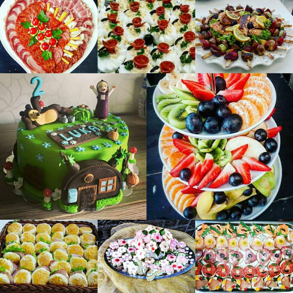 Kolaž ponude — rođendanska torta, voćni etažer, sendvičići i kanapei