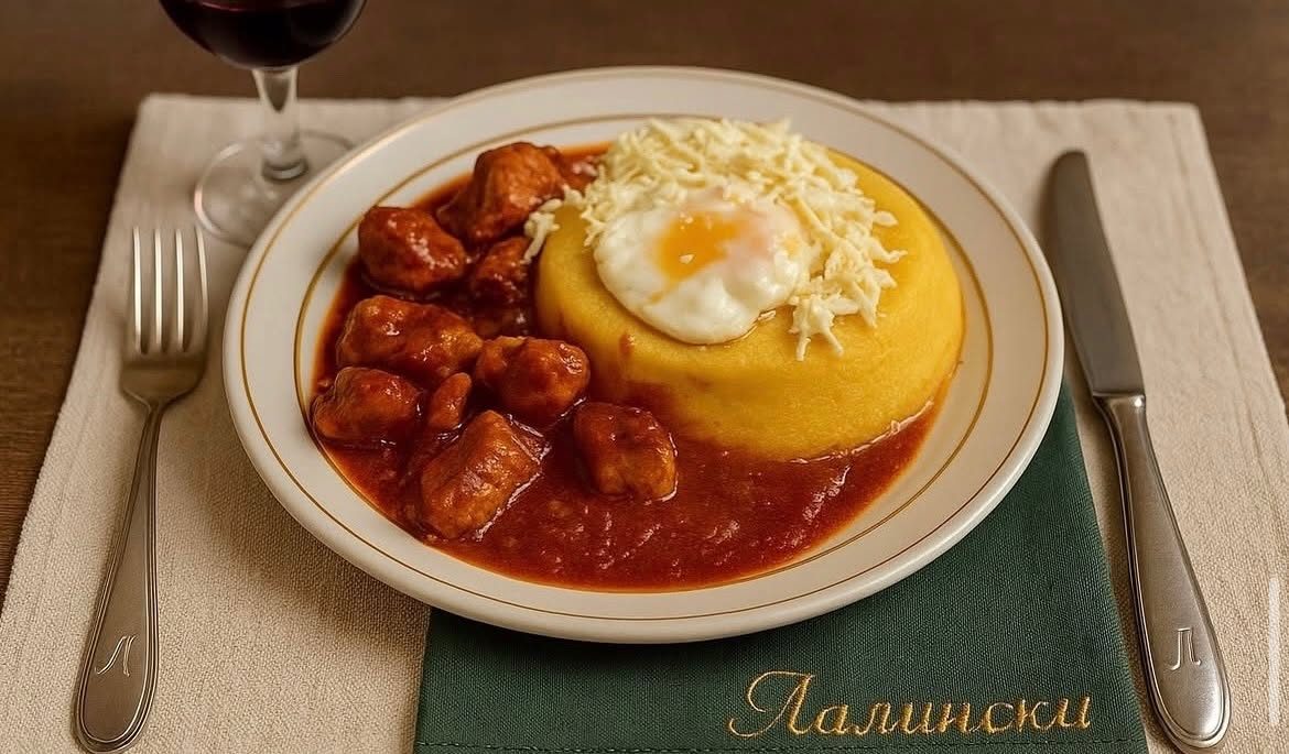 Palenta sa jajem i rendanim kačkavaljem, uz komade mesa u paradajz sosu