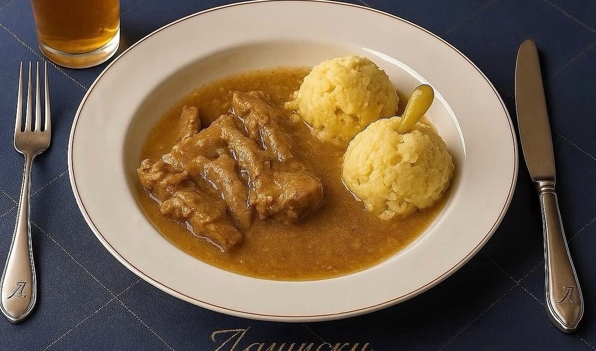 Paprikaš sa knedlama od griza u dubokom tanjiru