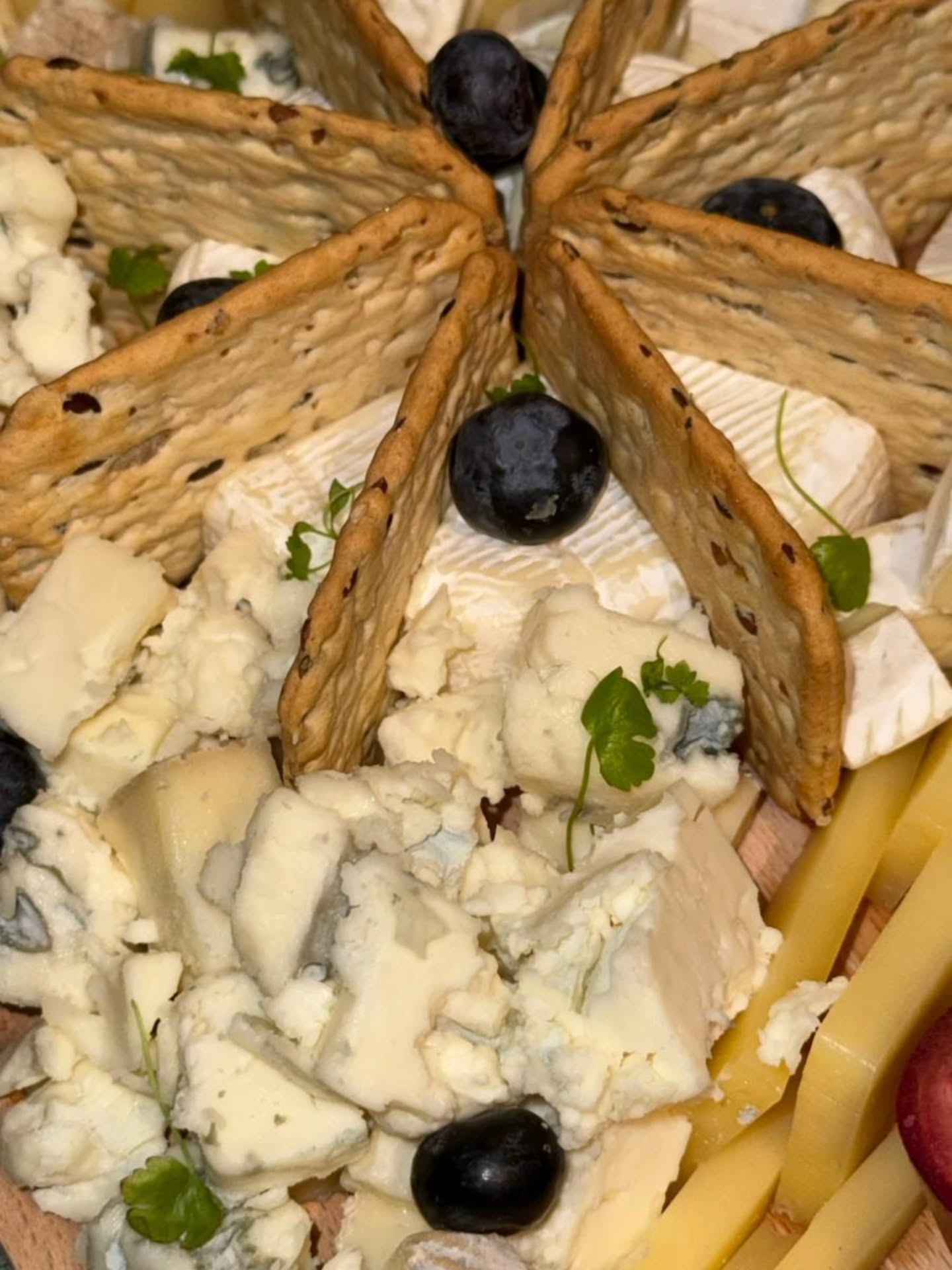 Plato sireva — bri, plavi sir, integralni krekeri, grožđe i mikrobilje